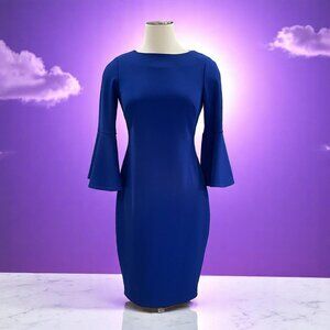 Calvin Klein Blue Bell Sleeve Sheath Dress Size 6 Stretch Midi Work Party